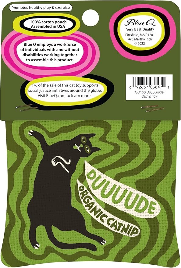 Blue Q Duuuuuuude Catnip Cat Toy. Premium Organic Catnip Grown in The USA, 100% Cotton Pouches, Kitty Graphics Sure to Delight Every Cat-Keeper.-Mewly Pet