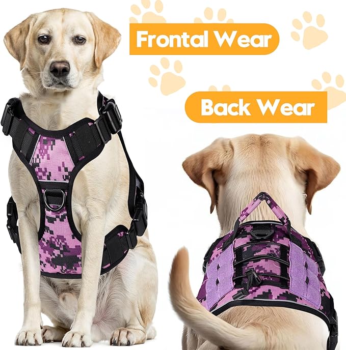 Heavy-Duty Tactical Dog Harness for Large Dogs, No Pull Adjustable Reflective Pet Vest with Molle System, K9 Military-Grade Control for Service Training, Outdoor & 10+ Breeds, Purple Camo, Small-Mewly Pet