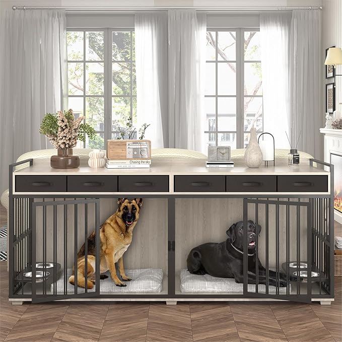 86.6inch Dog Crate Furniture with Storage,Furniture Style TV Stand Dog Kennel for 2 Dogs,with 6 Drawers,Removable Divider&Adjustable Bowls,Heavy Duty Metal Chew-Resistant Dog Crate Furniture-Mewly Pet