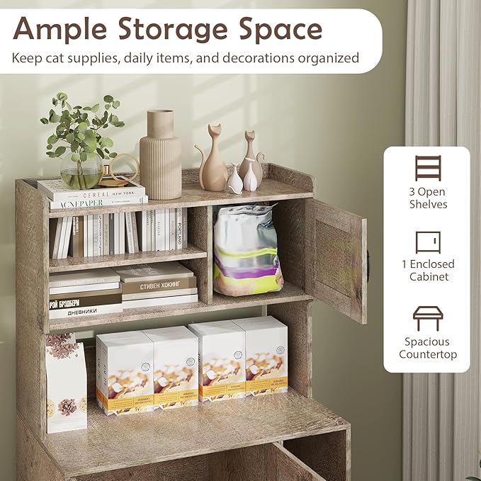 PETSITE Cat Litter Box Enclosure with Storage Shelf, 52 Inches Tall Modern Wooden Hidden Litter Box Furniture with Storage Shelving, Ideal for Indoor Cats (Oak)-Mewly Pet