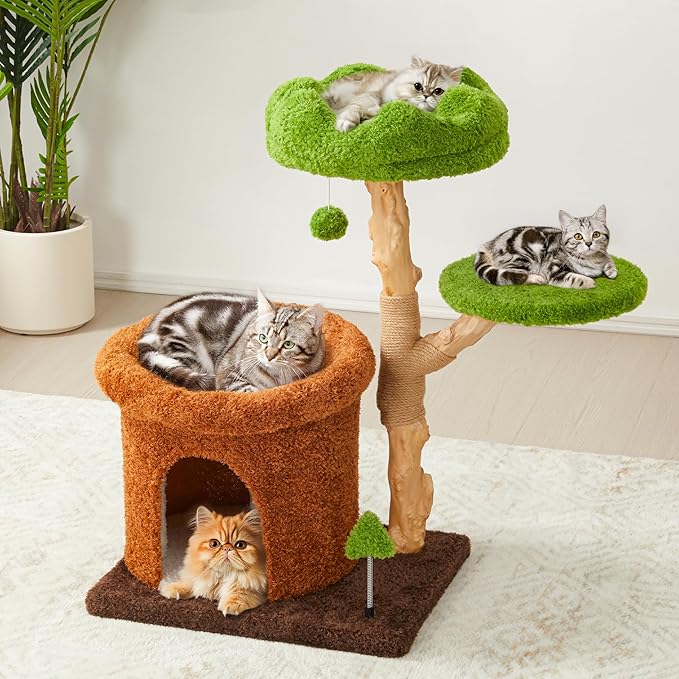 32-Inch Multi-Level Cat Tree Tower, Natural Wooden Cat Furniture with Sisal Scratching Posts, Beds & Condo, Cute Cat Tree for Indoor Cats, Multi-Cat Householdsolds-Mewly Pet
