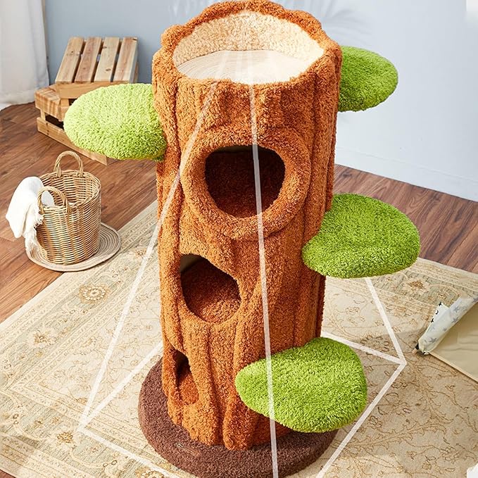 47.2'' Natural Wooden Cat Tree, Modern Cat Condo for Indoor Kitten, Multi-Level Cat Tower with Cat Perch and Scratching Pad for Multi-Cat Families-Mewly Pet