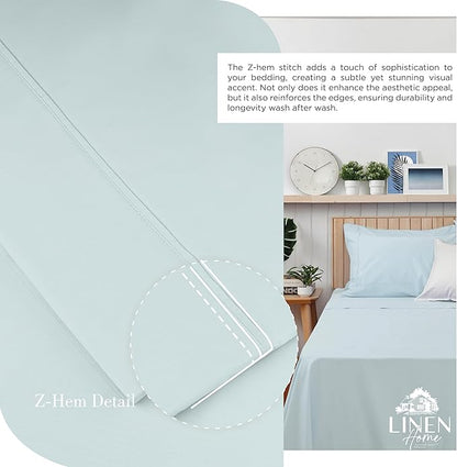 Linen Home 100% Cotton Percale Sheets California King Size, Blue Duck Egg, Deep Pocket, 4 Pieces Set - 1 Flat, 1 Deep Pocket Fitted Sheet and 2 Pillowcases, Crisp Cool and Strong Bed Linen