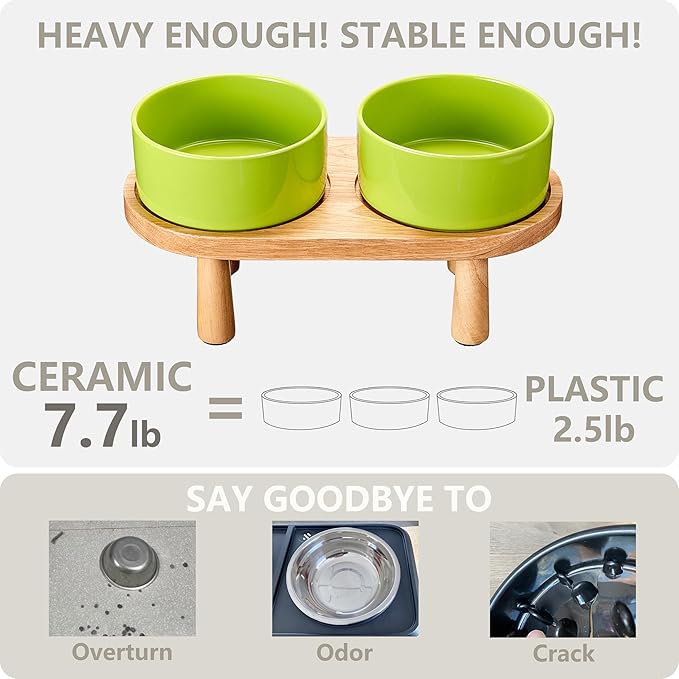 Ceramic Elevated Dog Bowls, Pet Food and Water Bowl Set for Large Dogs, 7.5 Cups Dog Bowls Raised with Wood Stand, 61OZ, Green-Mewly Pet