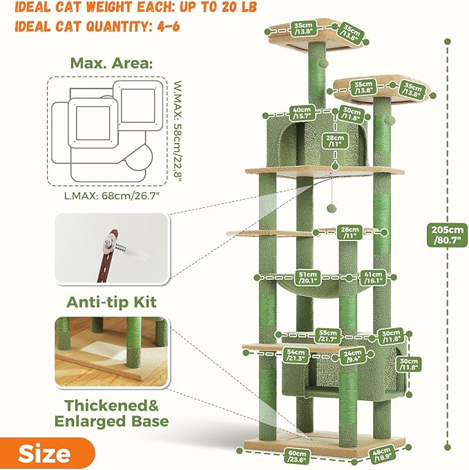 PAWZ Road Heavy Duty Cat Tree for Large Cats, 81 Inches Cactus Tall Cat Tower with 2 Perches, 2 Condos and Spacious Hammock, XL Extra Large Condo with 7 Scratching Posts for 20lb+ Adult Cats, Green-Mewly Pet