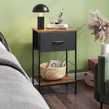 WLIVE Nightstand, End Table with Fabric Storage Drawer and Open Wood Shelf, Bedside Furniture with Steel Frame, Side Table for Bedroom, Dorm, Easy Assembly, Black and Rustic Brown, 25.0" Height