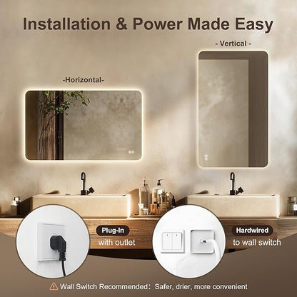 60''x36'' Lighted Mirrors for Bathroom Wall Backlit Rectangular Rounded Corners, LED Bathroom Mirror Frameless with Lights Anti Fog, Dimmable, 3 Colors,Tempered Glass, Shatter-Prooff (Color 2)