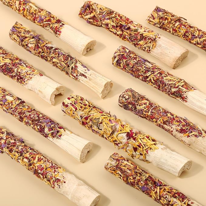 Abizoo Natural Rabbit Chew Toys,10 Sticks Sweet Bamboo Sticks for Rabbits with Petals,Bunny Chew Toys for Guinea Pig,Chinchilla,Hamster Treats Pet Wood Chews Snack Healthy Small Animals Toys for Teeth-Mewly Pet