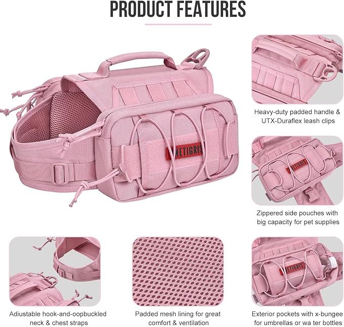 ONETIGRIS Dog Backpack for Medium & Large Dogs, Mammoth Nylon Dog Pack Tactical Backpack Harness with Side Pockets for Hiking Walking Training Running (Pink, Large)-Mewly Pet