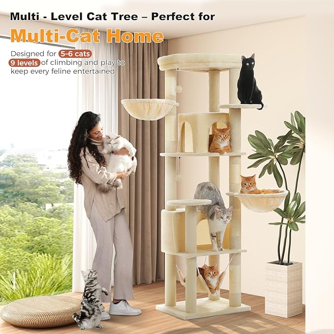 71.2" Tall Cat Tree for Indoor Cats - 9-Level Multi-Cat Tower w/5 Sisal Scratching Posts, 2 Condos, 3 Hammocks, Perch & Pom Poms - Heavy-Duty for Adult Cats, Space-Saving Plush Beige-Mewly Pet