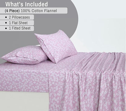 RUVANTI Flannel Sheets Queen Size - 100% Cotton Double Brushed Bed Sheets, Deep Pockets 16 Inches Queen Sheet Set, All Seasons Breathable & Extra Soft - Warm & Cozy, 4 Piece, Pink Flora