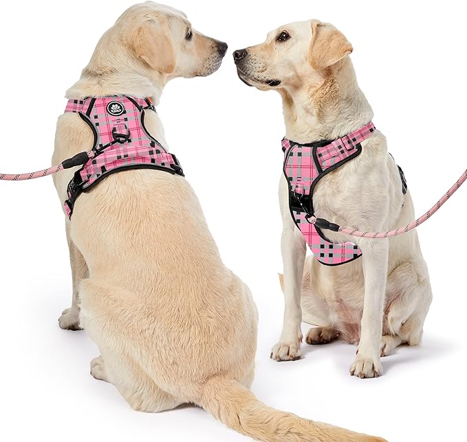 NESTROAD No Pull Dog Harness with Leash, Reflective No Choke Pet Vest Harness,Adjustable Soft Padded Dog Harness with Easy Control Handle for Large Dogs(Checkered Pink,Large)-Mewly Pet