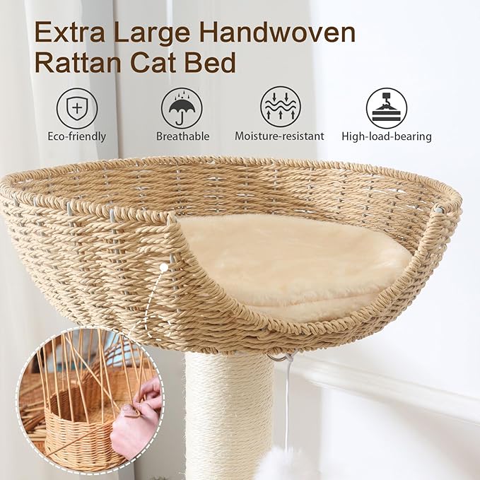 Wooden Cat Tree for Large Cat, 49.6-Inch Tall Cat Tower with Scratching Post for Indoor Cats, Multi-Level Cat Condo with Hand-Woven Cat Bed and Scratching Board Easy to Clean-Mewly Pet