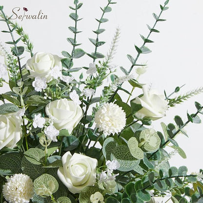 Serwalin 100 Pcs 7 Kinds Mixed Artificial Eucalyptus Leaves Stems Bulk with Flowers Faux Silver Dollar Eucalyptus Stmes Greenery Branches for Wedding Floral Arrangement Centerpieces Home Decor
