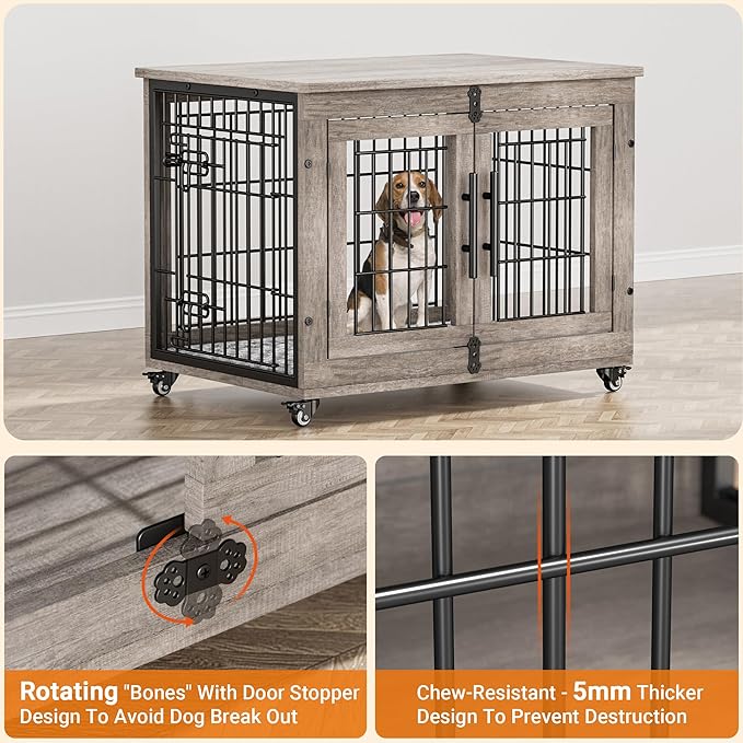 Lulive Dog Crate Furniture Set of 2, Dog Kennel Indoor Double Doors Wooden Dog Cage, 32'' Heavy Duty Dog Crate with Cushion & Wheels, End Table Pet House Chew-Resistant Up to 45 lb, Grey-Mewly Pet