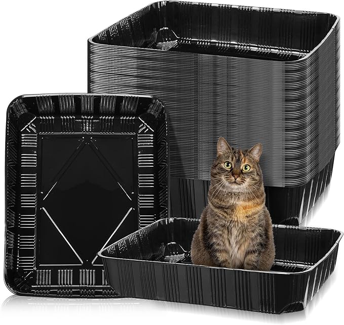 Zubebe 50 Pack Disposable Cat Litter Box for Cats, Large Disposable Kitty Litter Tray Boxes 19.69 x 15.75 x 3.94 Inches Plastic Pets Pan Standard for Indoor Home Travel Portable(Black)-Mewly Pet