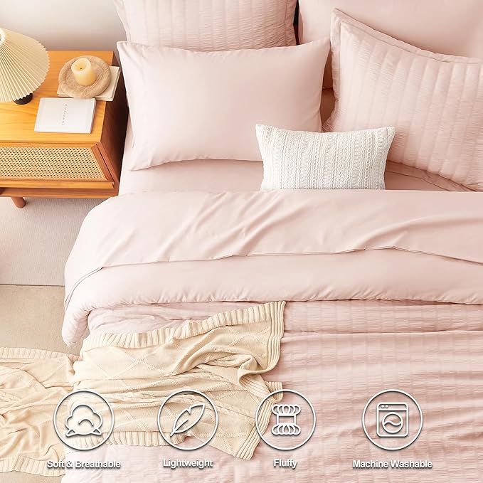 CozyLux King Size Comforter Set Blush Pink Seersucker 7 Pieces Bed in a Bag King Comforter Set with Sheets, Luxury Bedding Set with Down Alternative Comforter, Sheets, Pillowcases & Shams All Seasons