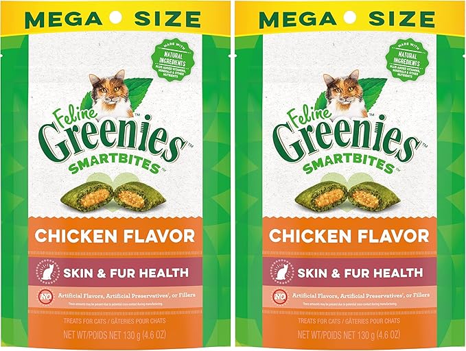 Greenies Feline Smartbites Skin & Fur Crunchy and Soft Natural Cat Treats, Chicken Flavor, 4.6 oz. Pack (Pack of 2)-Mewly Pet
