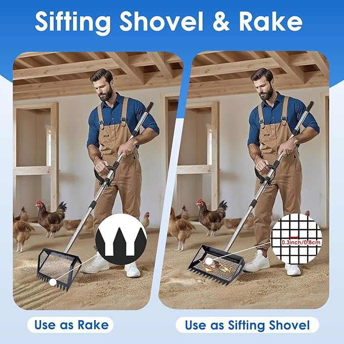 Chicken Poop Scooper & Rake 2-in-1, 32 to 68" Adjustable Stainless Steel Chicken Litter Scoop with Handle and Glove for Chick Coop Sands Multifunctional Litter Sifting Shovel for Hen Animals House-Mewly Pet