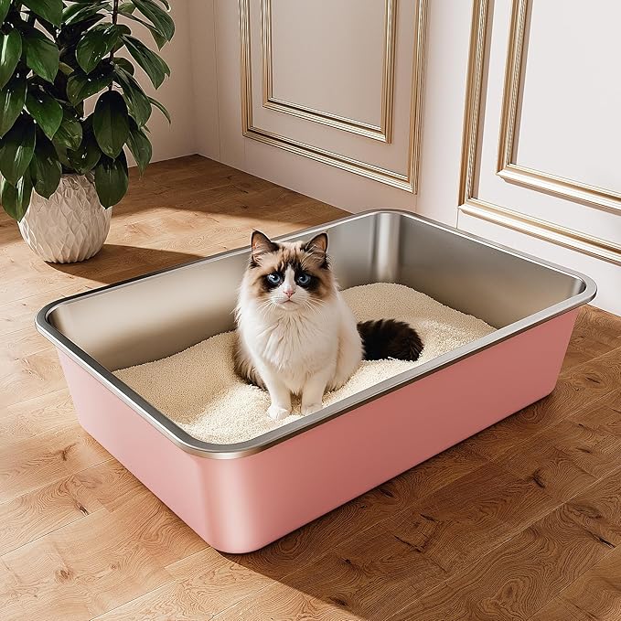 Stainless Steel Litter Box, Large Metal Cat Litter Box with High Sided for Big and Small Cats, Non-Stick, Easy to Clean, Odor-Free, 23.4" L×15.6" W×5.9" H, Blush Pink-Mewly Pet