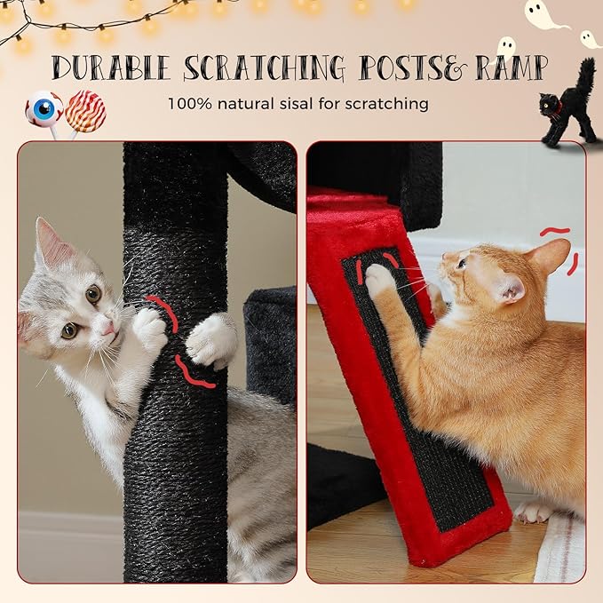 PAWZ Road Large Cat Tree, 41 Inches Gothic Cat Tower with 2 Spacious Condos for Indoor Cats, Large Black Cat House with Comfy Hammock, Padded Perch, Scratching Pad and Replaceable Balls-Black-Mewly Pet