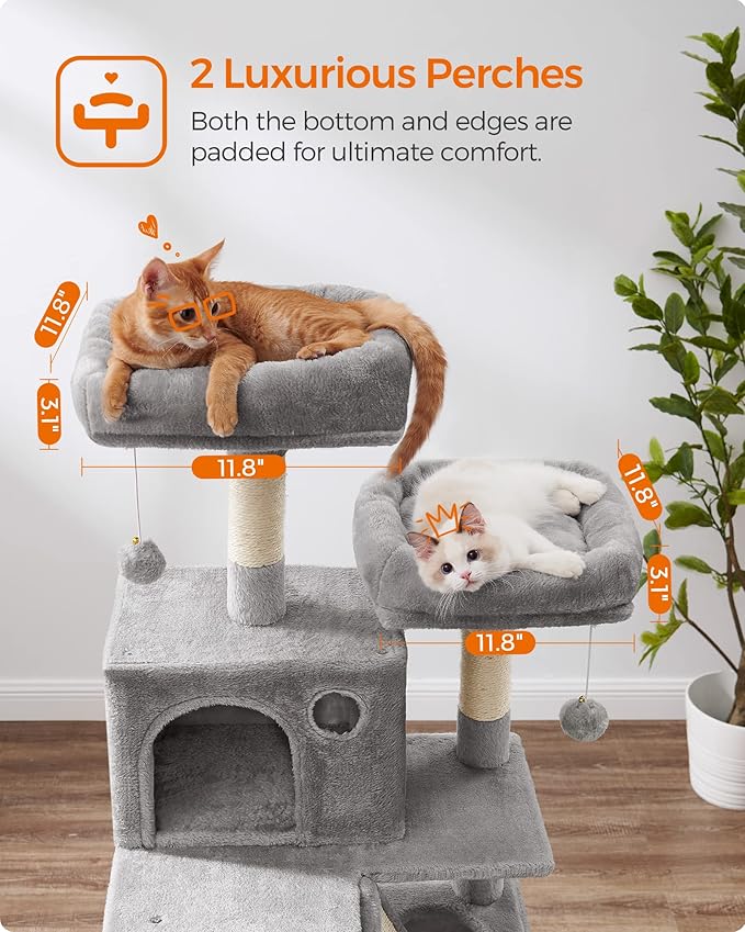 Feandrea Cat Tree, 66.1-Inch Large Cat Tower with 13 Scratching Posts, 2 Perches, 2 Caves, Basket, Hammock, Pompoms, Multi-Level Plush Cat Condo for Indoor Cats, Light Gray UPCT165W01-Mewly Pet