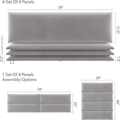 Vänt Upholstered Wall Panels - King/Cal King Size Wall Mounted Velvet Headboards - Velvet Platinum Grey - Twin/King - Set of 4 Panels (Each Individual Panel 39"x11.5")