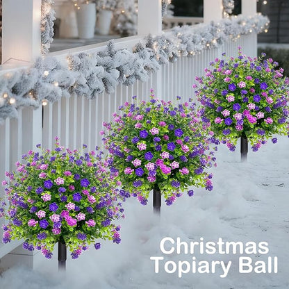 2 Pack Artificial Topiary Ball Trees Boxwood Shrubs with Spikes, UV Resistant Fake Flowers Bushes for Outdoor, Look Real Faux Plants for Porch Pathway Garden Yard Patio Halloween Decor -Purple