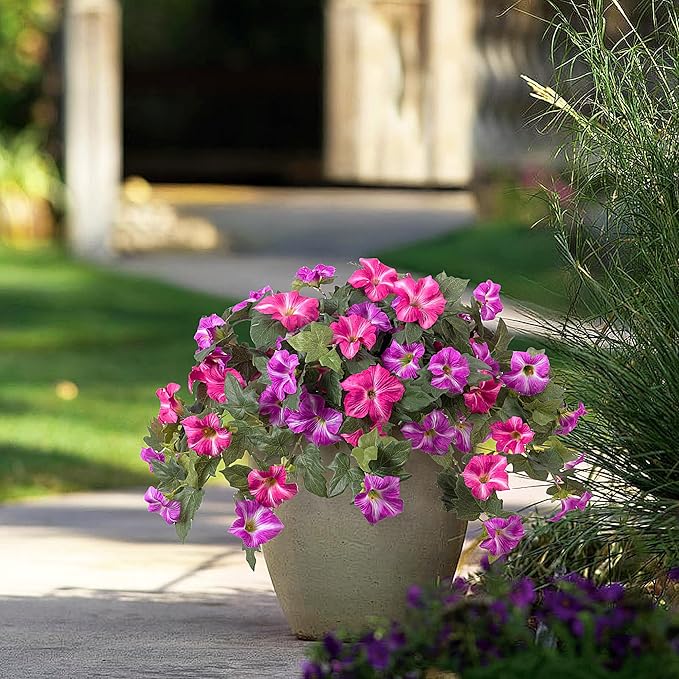 Artificial Fake Flowers Plants for Outdoor Decoration, 2PCS Faux Petunias Silk Flower UV Resistant No Fade Floral for Home Outside Garden Balcony Yard Porch Realistic Indoor Decor (Red Lotus)