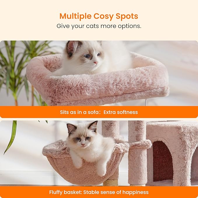 Heybly Cat Tree with Cat Self Groomer Brush, Cat Tower Condo for Indoor Cats with Padded Plush Perch, Cat House with Basket Scratching Board Post, Muchroom HCT005SMU-Mewly Pet