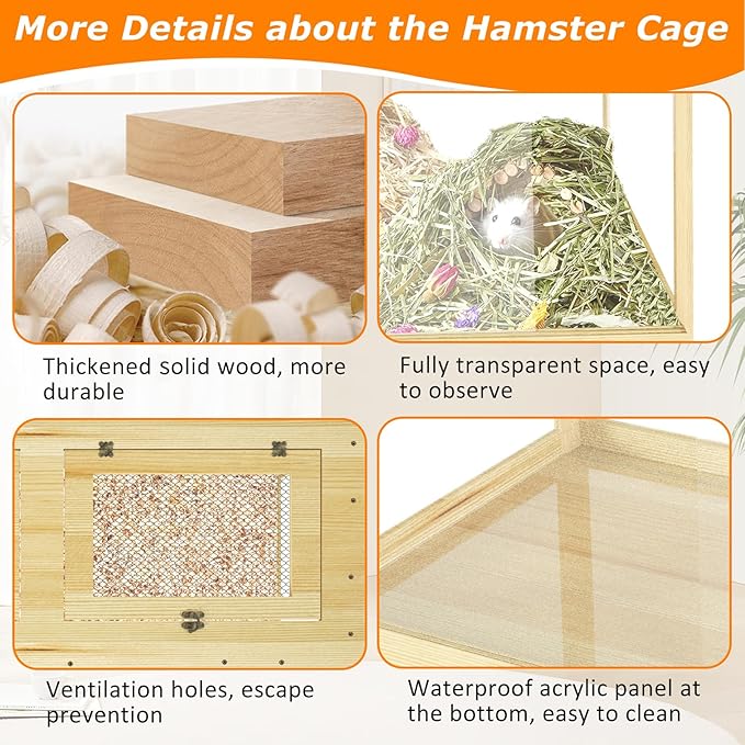 24" Hamster Cage, Lockable Sliding Door Gerbil Cage, Dwarf Hamster Cage with Metal Mesh Roof, Mice and Small Animal Habitat, Chewproof Syrian Hamster Enclosure, (Wooden, 24" L x 16" W x 16" H)-Mewly Pet