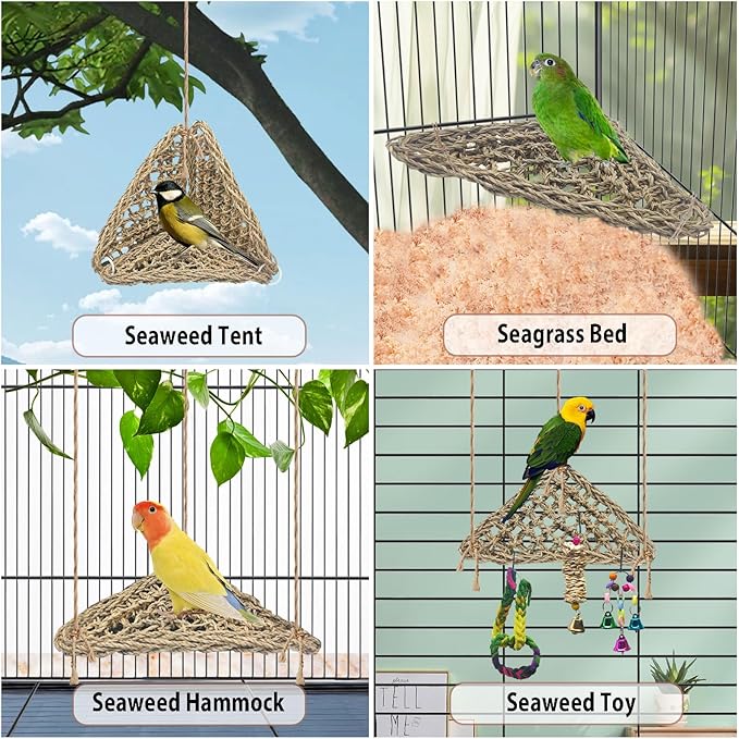 BNOSDM Bird Seagrass Mat, 3 PCS 7.1 x 7.1 Inches Parrot Natural Seagrass Woven Bird Net Hammock Mats Chew Toys Bird Hideout Cage Accessories for Lovebird Cockatiel Conure Budgie Hamster Rats-Mewly Pet
