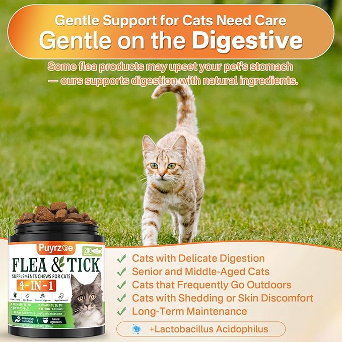 4-in-1 Flea Treatment for Cats Chewable, Natural Cat Flea and Tick Prevention Chewable Supplement for Skin & Coat | Immunity Support | Digestive | Flea & Tick Treatment for All Breeds & Sizes-Mewly Pet