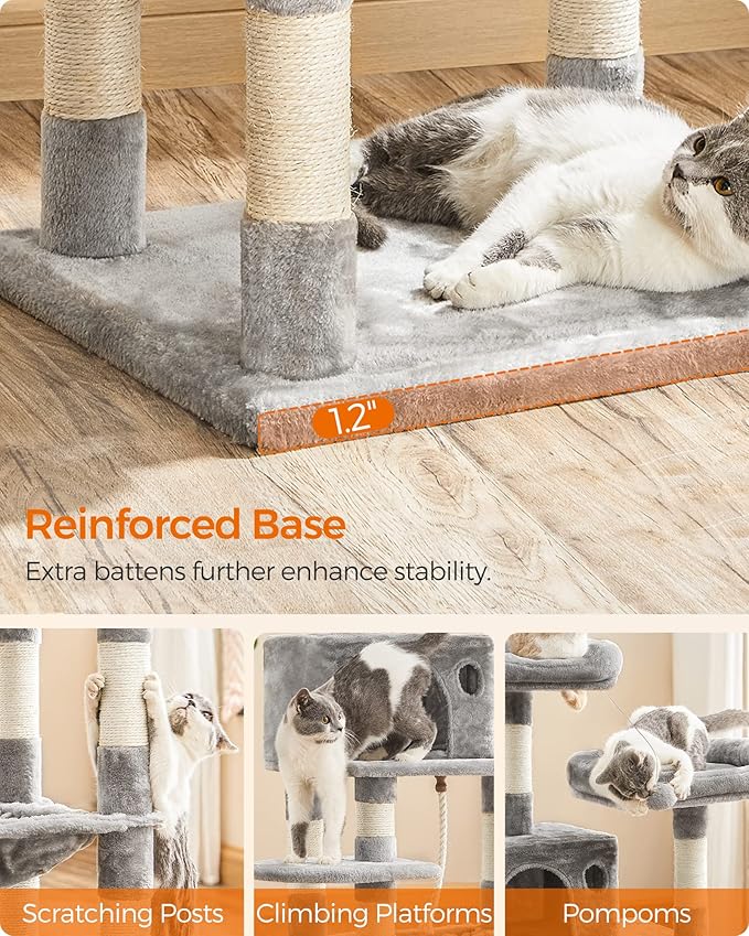 FEANDREA Cat Tree, Cat Tower for Indoor Cats, 56.3-Inch Cat Condo with Scratching Posts, Hammock, Plush Perch, Light Gray UPCT15W-Mewly Pet