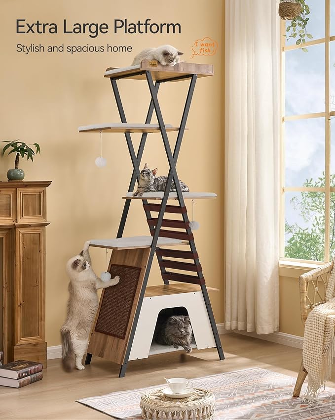 FourFurPets 72.4" Cat Tree, Modern Cat Tower for Indoor Cats, Multi-Level Cat Condo with Caves, Tall Cat Tree with Cat Scratching Board, Wooden Cat Tower with Large Perch, Removable Pads, Camel Brown-Mewly Pet