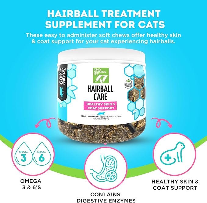 Only Natural Pet Hairball Care - Healthy Skin and Coat Support - Soft Chews for Cats – Digestive Supplement with Flaxseed, Psyllium Husk and Corn Silk – Chicken and Liver Flavor – 60 Count-Mewly Pet