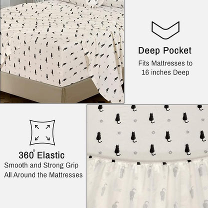 RUVANTI Flannel Sheets Twin XL Size - 100% Cotton Double Brushed Twin XL Sheet Sets, Deep Pockets 16 Inches, All Seasons Breathable & Extra Soft Bed Sheets, Warm & Cozy, 3 Piece, Black Cat