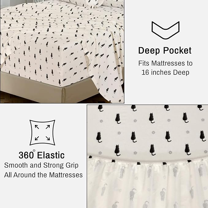 RUVANTI Flannel Sheets Queen Size - 100% Cotton Double Brushed Bed Sheets, Deep Pockets 16 Inches Queen Sheet Set, All Seasons Breathable & Extra Soft - Warm & Cozy, 4 Piece, Black Cat