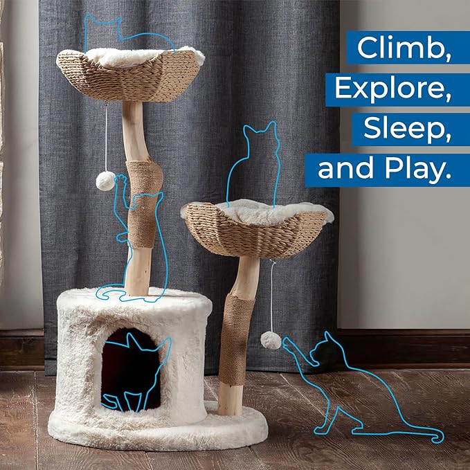 The Bungalow Cat Tree - Luxury Cat Condo, Large Modern Indoor Tower with 2 Faux Fur Beds, Scratching Posts, Toys, and Den for Cats, 23.5-Inch Width x 18-Inch Depth x 43-Inch Height-Mewly Pet