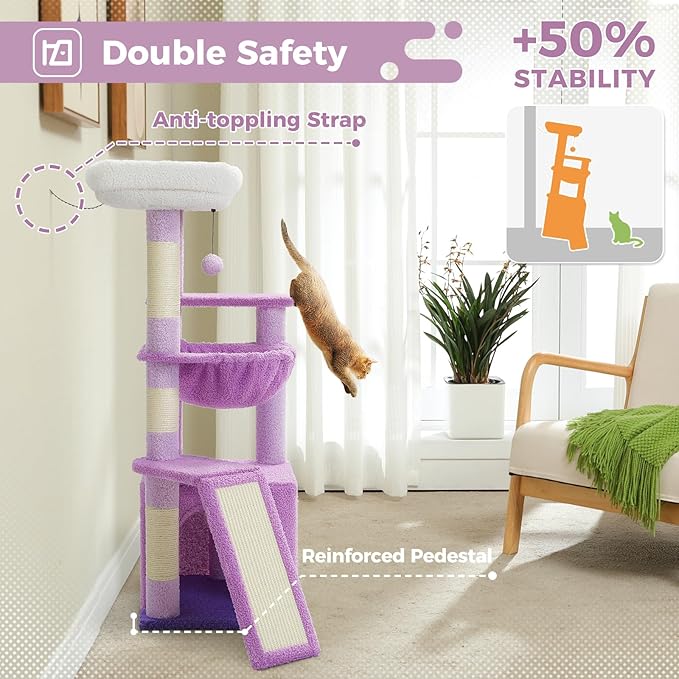 PEQULTI 36.5'' Cat Tree for Indoor Cats, Small Cat Tower with Large Cat Condo, Scratching Posts, Cozy Hammock and Scratching Ladder for Kittens, Purple-Mewly Pet