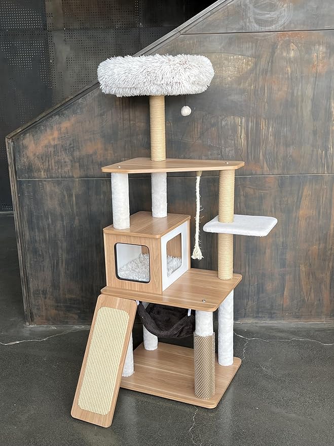 61" Wooden Cat Tree Tower for Indoor Cats, Luxury Modern Wooden Tower with XL Plush Lounge, Hammock & Scratching Posts for Maine Coon 20 lbs-Mewly Pet