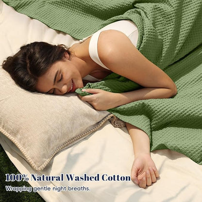 PHF 100% Cotton Waffle Weave Blanket King Size for Bed,Snag Proof Lightweight Breathable Moisture-Wicking Throw for Couch,Great for Layering in Cold Weather,Machine Washable,Home Decor-Loden Green