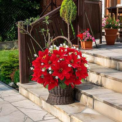 Artificial Flowers for Outdoors Red Christmas Poinsettia Flowers 12 Bundles Mixed Fake Plants UV Resistant Faux Flowers for Outdoor Planters Garden Porch Patio Home Winter Decor