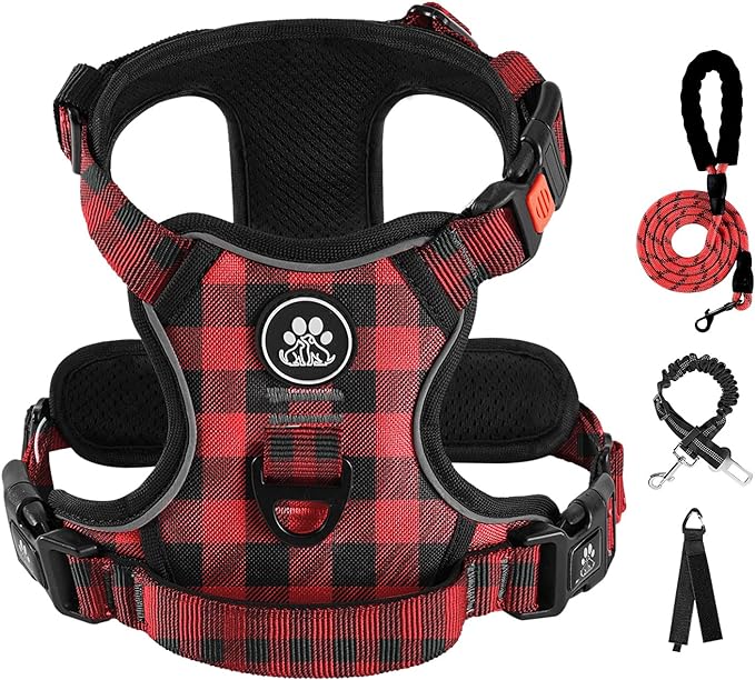 IVY&LANE No Pull Dog Harness with Leash Set, Reflective No Choke Pet Vest,Adjustable Oxford Dog Vest Harness with Easy Control Handle for Large Dogs (Checkered Red,L)-Mewly Pet