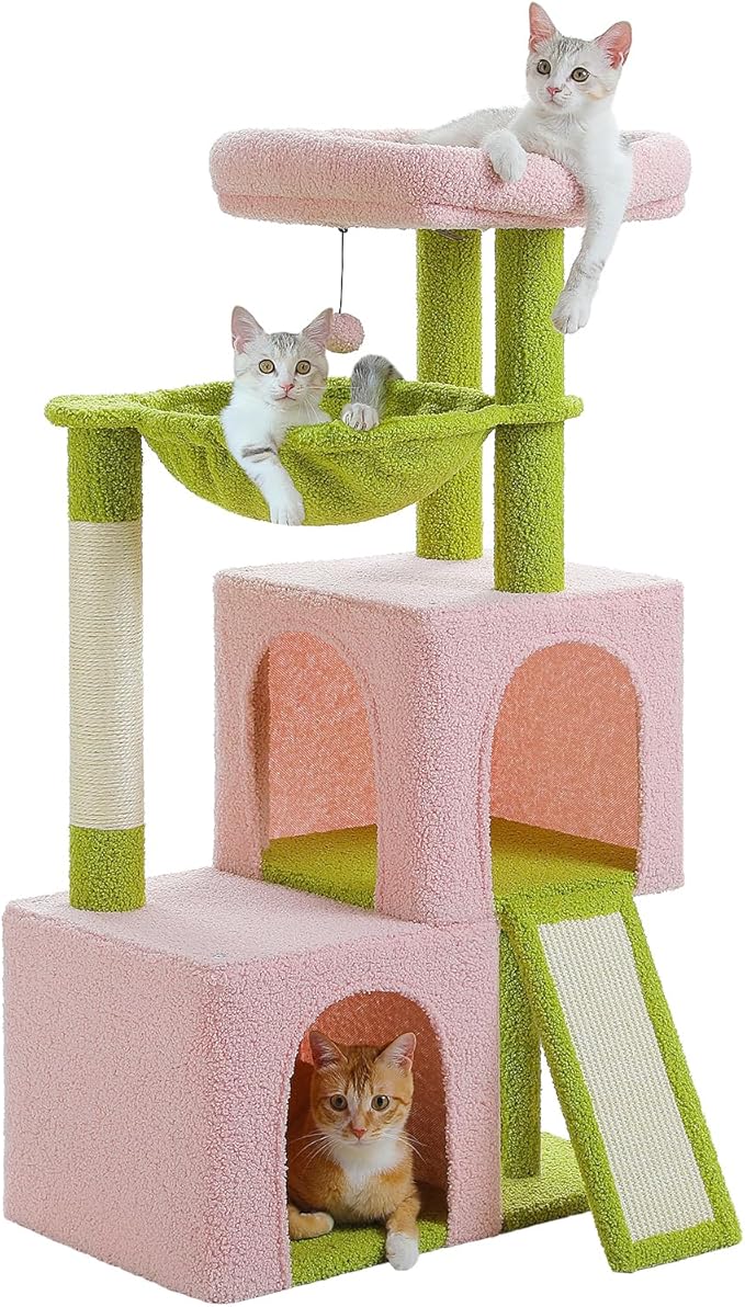 PAWZ Road Large Cat Tree, 41 Inches Multi-Level Cat Tower with 2 Spacious Condos for Large Indoor Cats, Pink Flower Cat House with Comfy Hammock, Padded Perch, Scratching Pad and Replaceable Balls-Mewly Pet