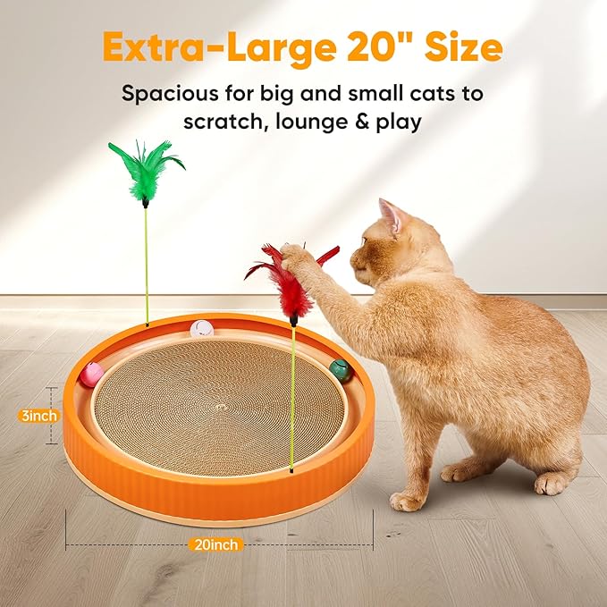 20-Inch Round Cat Scratcher with Ball Track – 3-in-1 Cardboard Cat Scratching Pad with Feather Toys, Non-Slip Base – Interactive Cat Toy for Indoor Cats, Kitten Scratch Play Lounge Board (Orange)-Mewly Pet