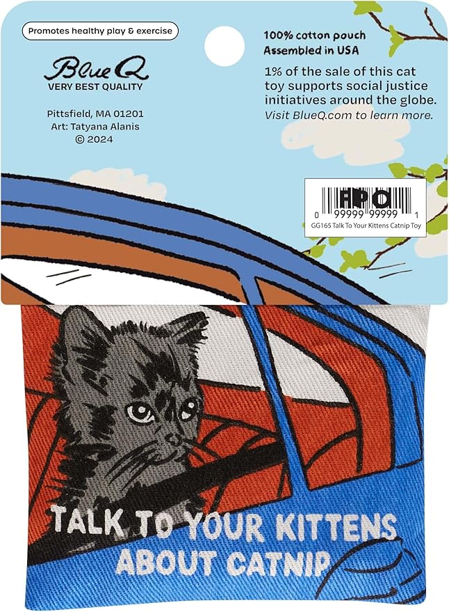 Blue Q Talk to Your Kittens About Catnip - Cat Toy. Premium Organic Catnip Grown in USA, 100% Cotton Pouches, Kitty Graphics Sure to Delight Every Cat-Keeper.-Mewly Pet