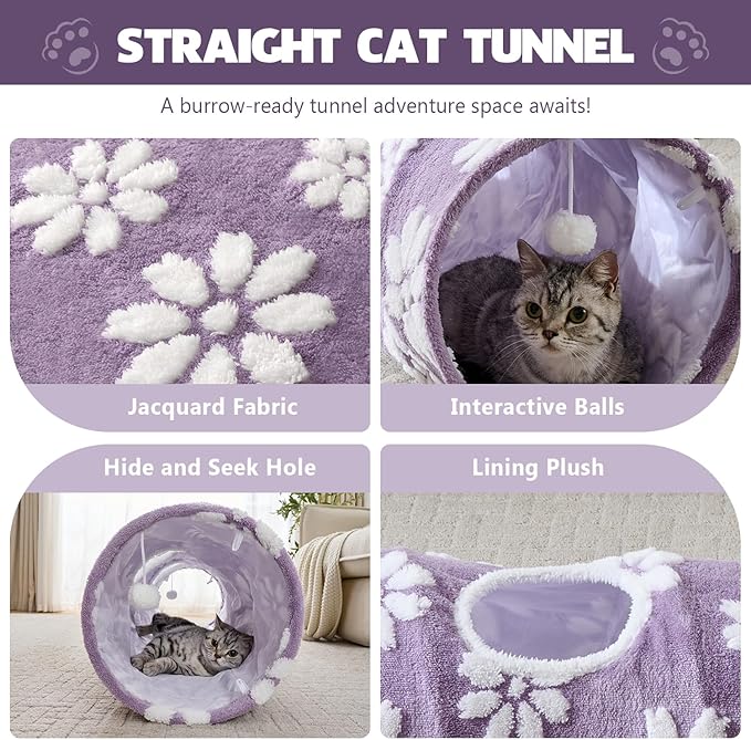 Straight Cat Tunnel for Indoor Cats 47"x12", Cute Cat Toys Collapsible Tunnel Tube with Balls for Puppy Kitten Rabbit, Purple Flower-Mewly Pet