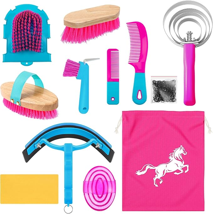 Abbylike 12 Pieces Horse Grooming Kit Racing Festival Tack Room Supplies Horse Brush Sets Equine Care Cleaning Kit Shedding Grooming Massaging Tools(Rose Red)-Mewly Pet