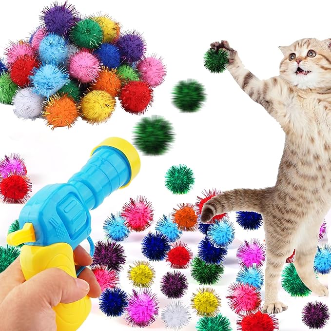 Dorhui Cat Toy Gun Launcher - 30 Pcs Sparkle Pom Pom Balls and Ball Launcher, Fetch Toy Gun Shooter, Interactive Glitter Balls for Indoor Cats and Kitty Gifts-Mewly Pet